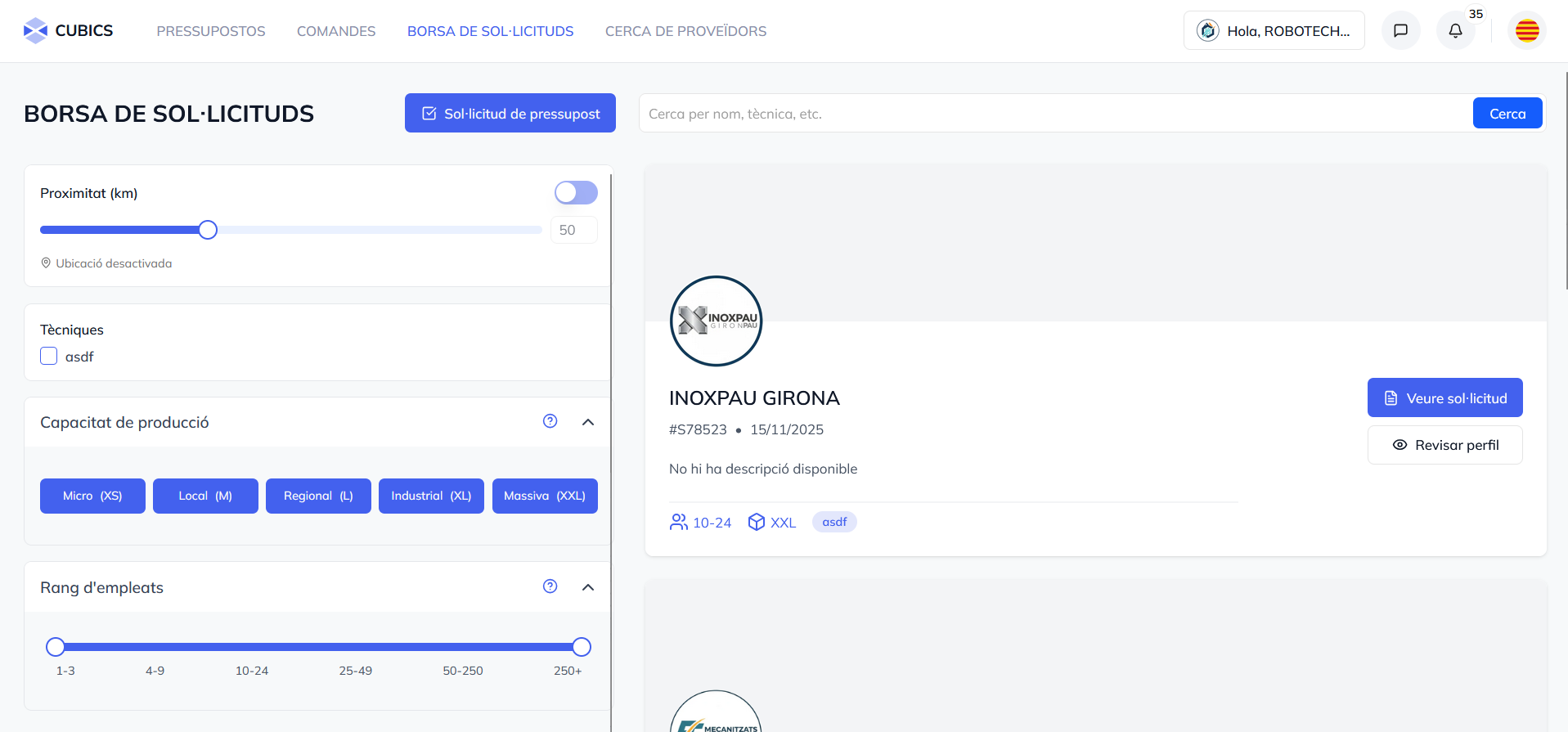 Vista de sol·licituds i respostes per a proveïdors a Cubics